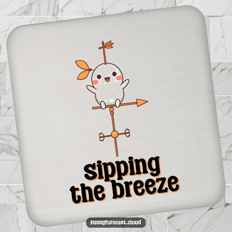 Funny weather vane character cheerfully spinning in a gentle breeze on a drink coaster, for surface protection.