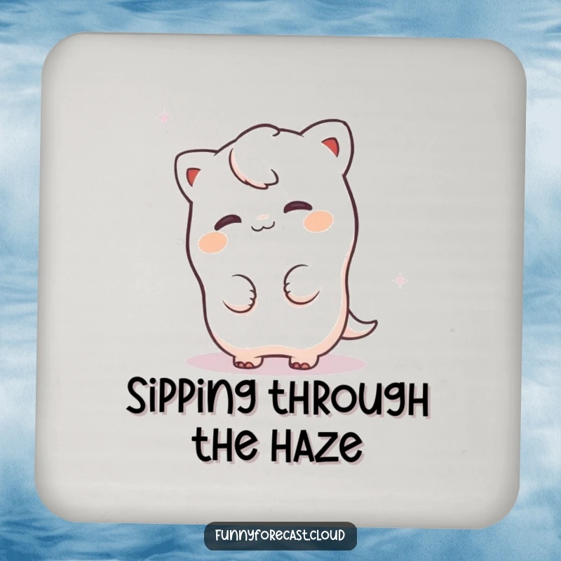 Funny fog character playfully peeking from behind a misty swirl, a stylish and humorous coaster design for drink protection.