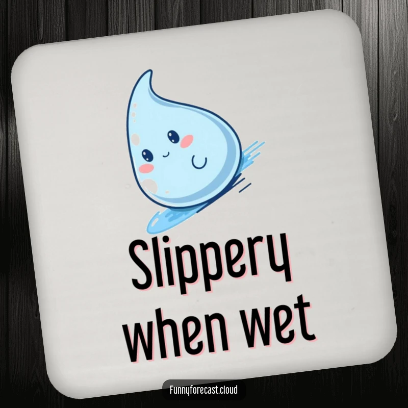 Funny kawaii raindrop character in a fast slide, a cute and humorous drink coaster.