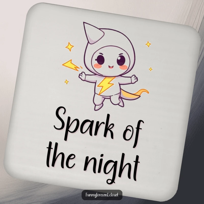 Funny lightning bolt character zipping with a playful streak, a stylish and humorous coaster to protect surfaces.