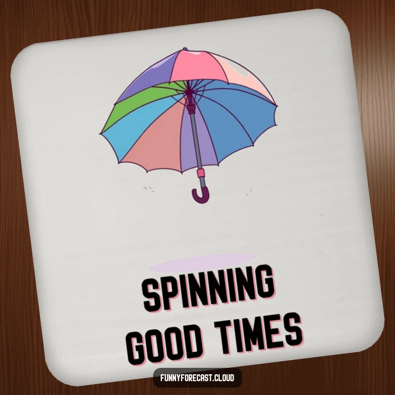 Funny dancing umbrella comically spinning out of control in a gentle breeze, a humorous drink coaster.