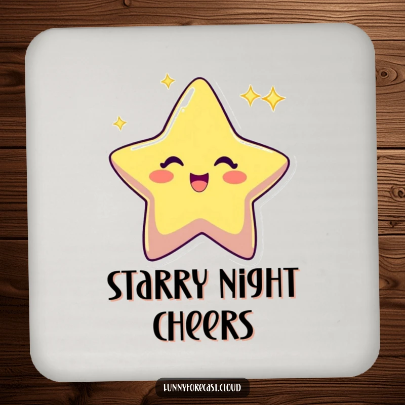 Funny star character twinkling with an excited sparkle, a stylish and humorous coaster design for drink protection.