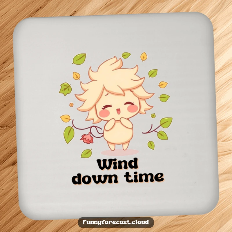 Funny drink coaster with a rosy-cheeked wind character playfully blowing a swirl of leaves, designed to protect surfaces with humor.