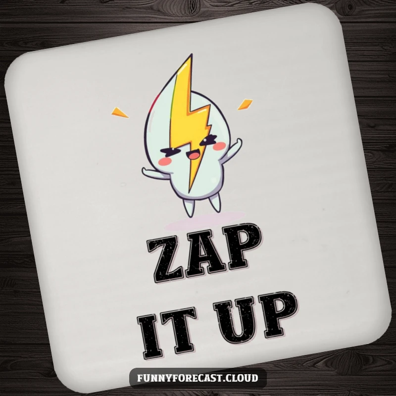 Funny drink coaster with a lightning bolt character striking with a mischievous wink, for energetic decor.