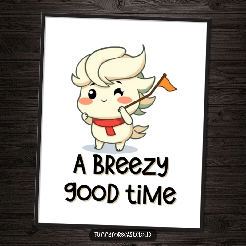 Funny poster of a wind character with puffed cheeks merrily blowing a tiny flag, ideal for wall art and funny gift ideas.