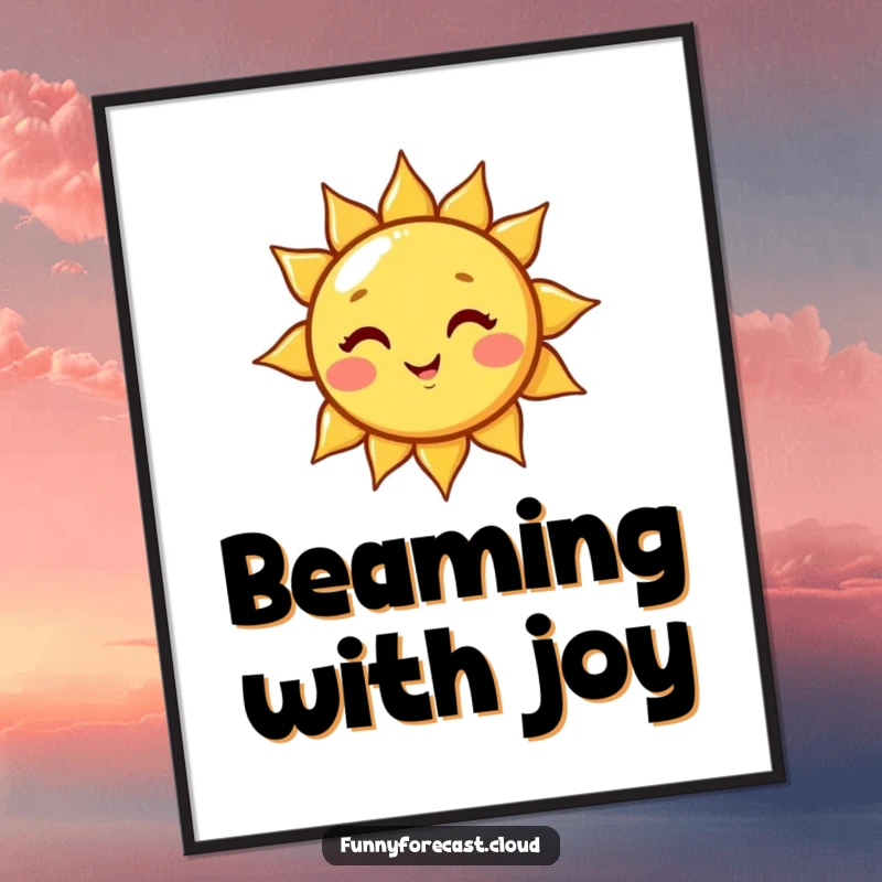 Funny cute kawaii sun character winking playfully, casting a beam of light. Humorous wall art for a cheerful vibe.