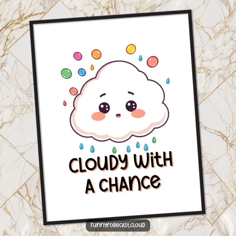Funny poster of a cute cloud character with a surprised expression, juggling colorful raindrops, creating a whimsical scene.