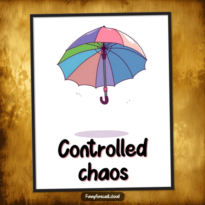 Funny dancing umbrella comically spinning out of control in a gentle breeze, a humorous and dynamic poster print.