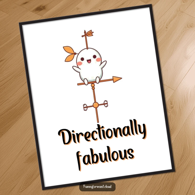 Funny weather vane character cheerfully spinning in a gentle breeze on a poster, for whimsical wall decor.