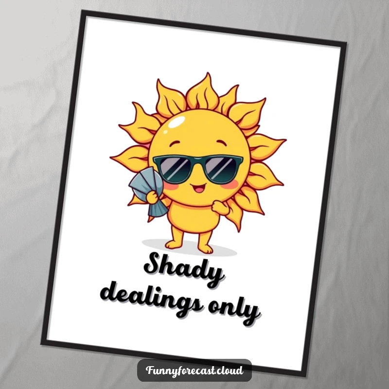 Funny Poster: A sun character wearing sunglasses, comically fanning itself, humorous wall art.