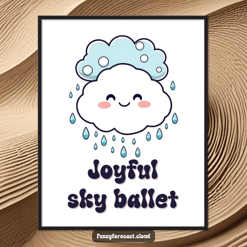 Funny poster: A cheerful cloud with a broad smile, surrounded by lively, dancing raindrops.