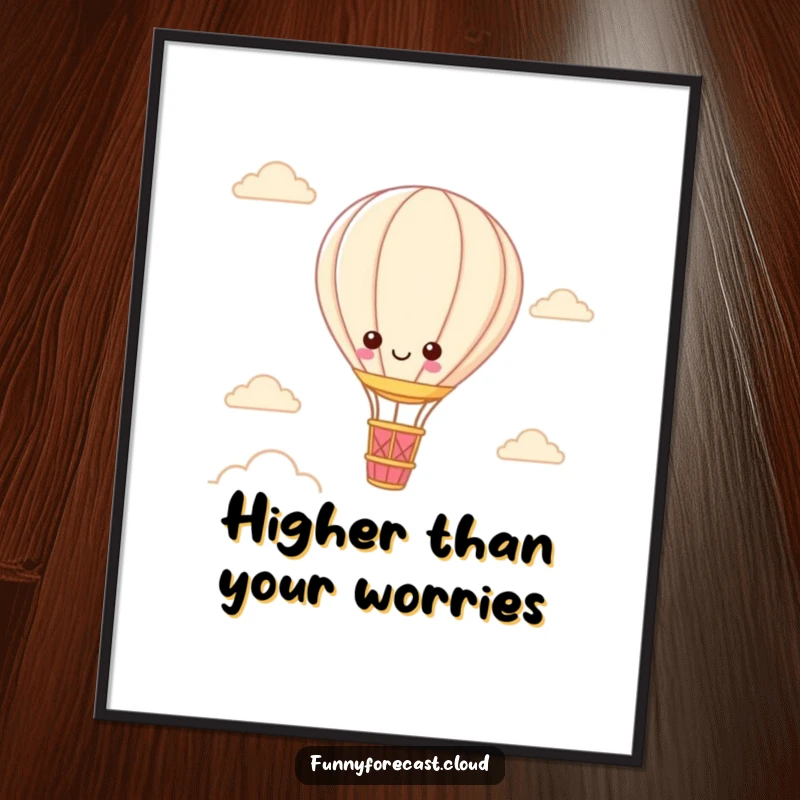 Funny Kawaii Hot Air Balloon Poster showing a sweet character drifting elegantly across a vivid sky, enhancing room aesthetics.
