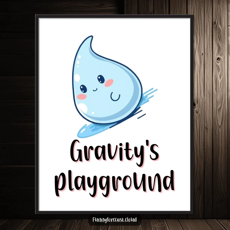 Funny kawaii raindrop character enjoying a fast slide, creating a humorous and dynamic poster.