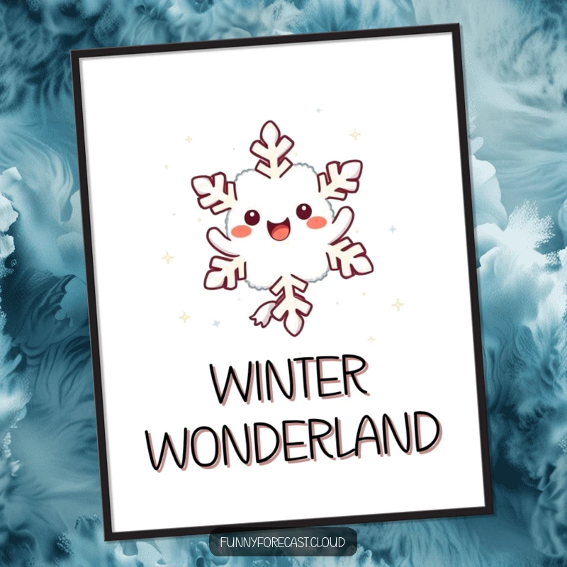 Funny kawaii snowflake character joyfully twirling, creating a humorous and enchanting poster.