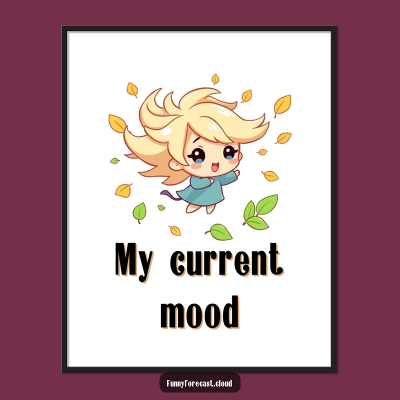 Funny Kawaii Wind Poster: Playful Leaf Swirl Autumn Art