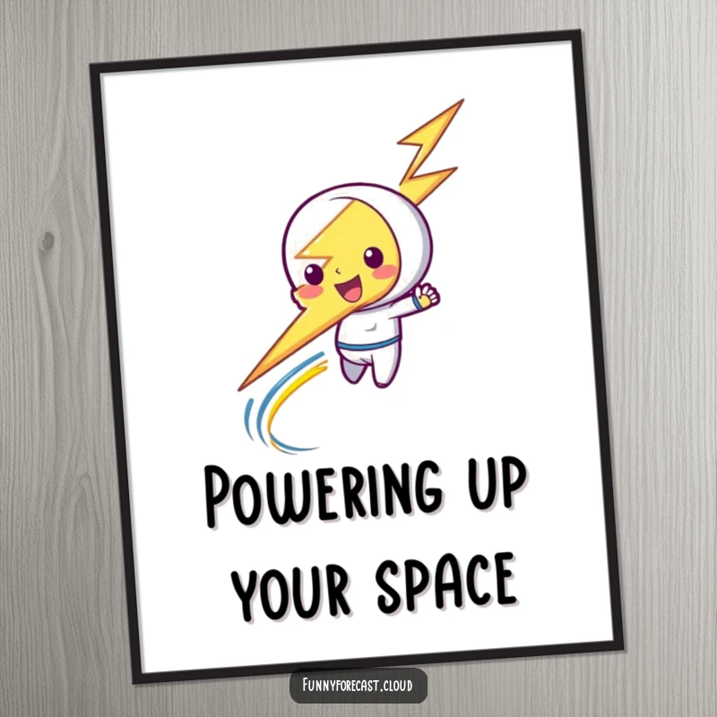 Funny poster showcasing a zippy lightning bolt character in motion, conveying playful energy and dynamic power.