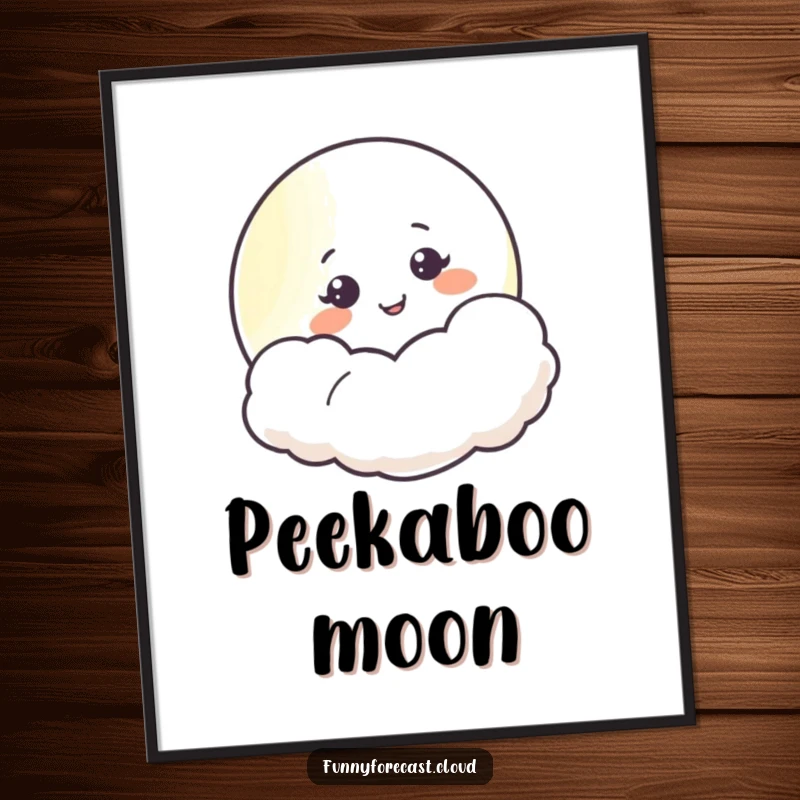 Funny moon smiling from behind a fluffy cloud, a serene and humorous artwork perfect for whimsical wall decor.