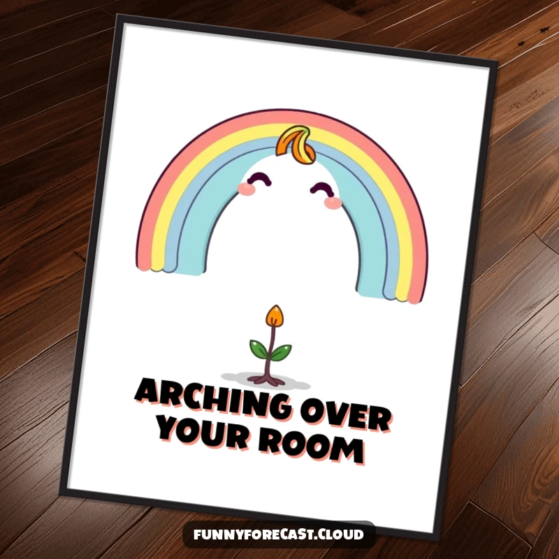 Funny poster displaying a vibrant rainbow character gracefully arching over a small, wide-eyed sprout, symbolizing hope and new beginnings.