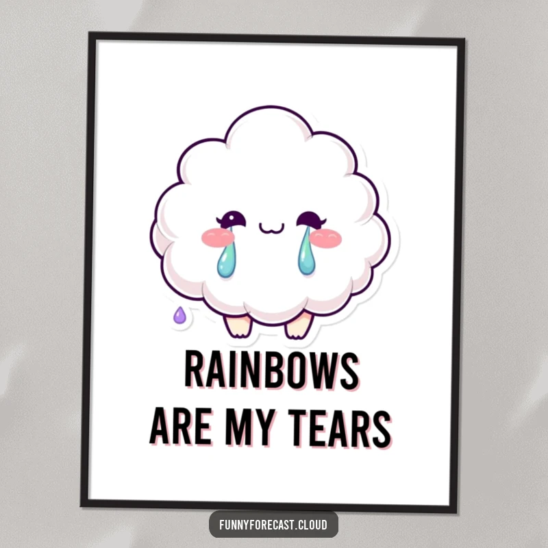 Funny poster artwork of a smiling fluffy cloud character crying vibrant rainbow tears, adding cheerful art.
