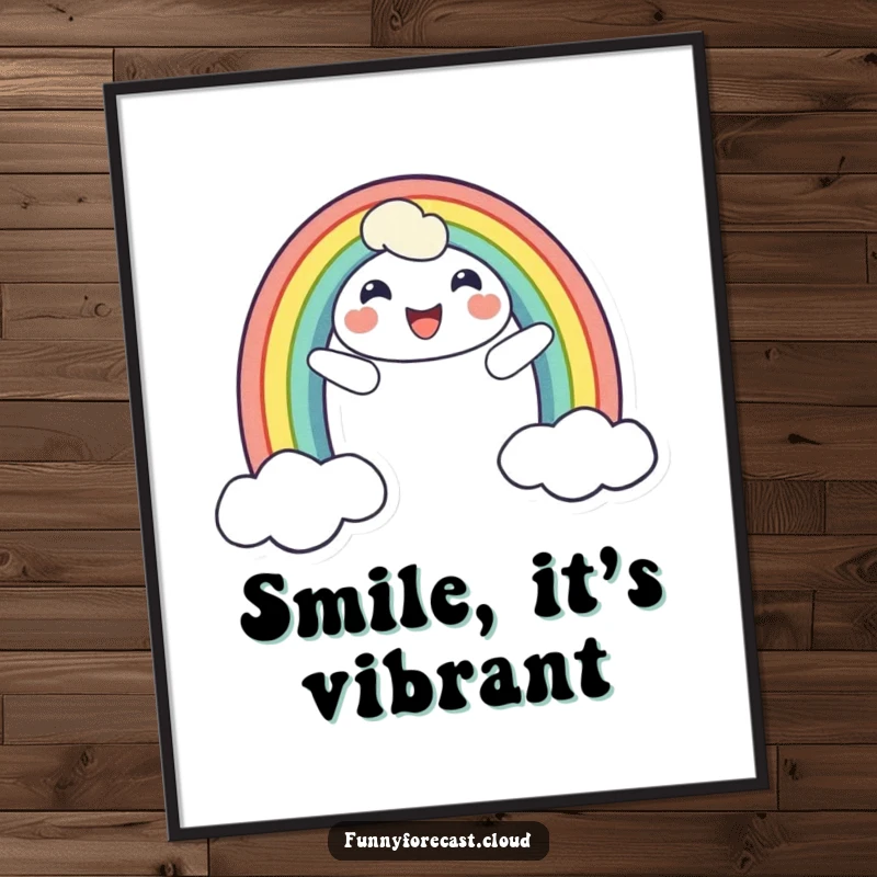 Funny poster print of a cheerful rainbow character with a big smile, arching across the sky, bringing bright and happy energy.