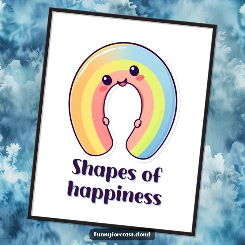 Funny cheerful kawaii rainbow character bending into a peculiar, silly shape. Humorous wall art for a lively space.