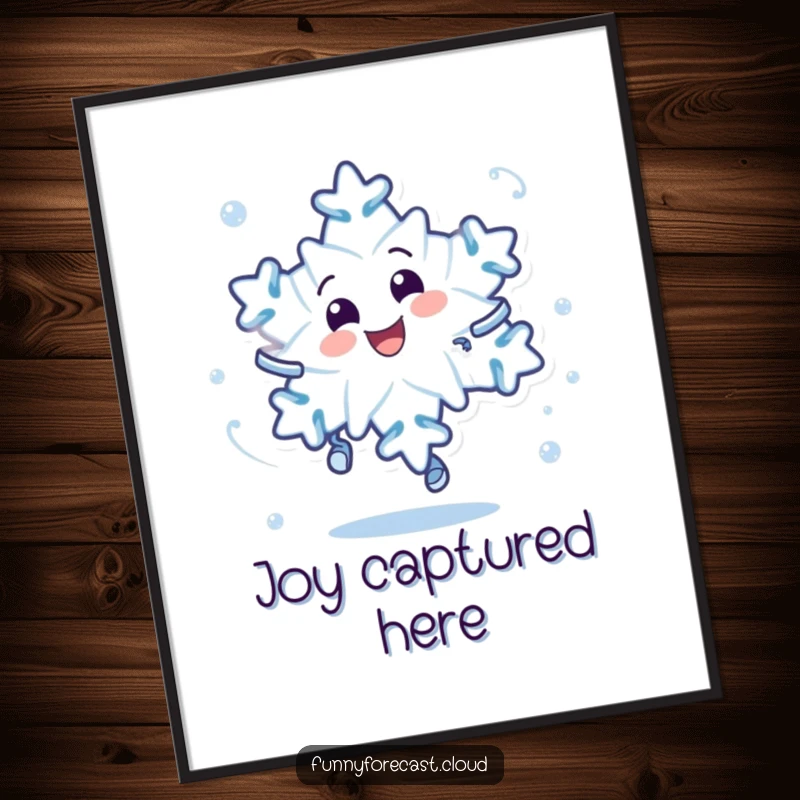 Funny poster art of a delighted snowflake character captured mid-dizzy spin for a dynamic and cheerful wall decoration.