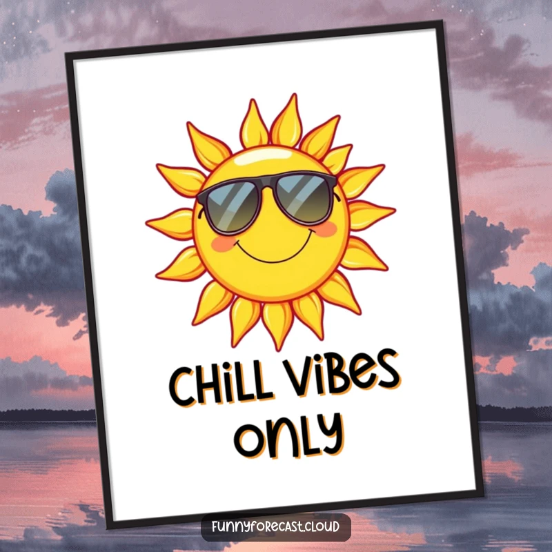 Funny Poster: A smiling sun adorned with sunglasses, radiating extreme relaxation and summer joy.