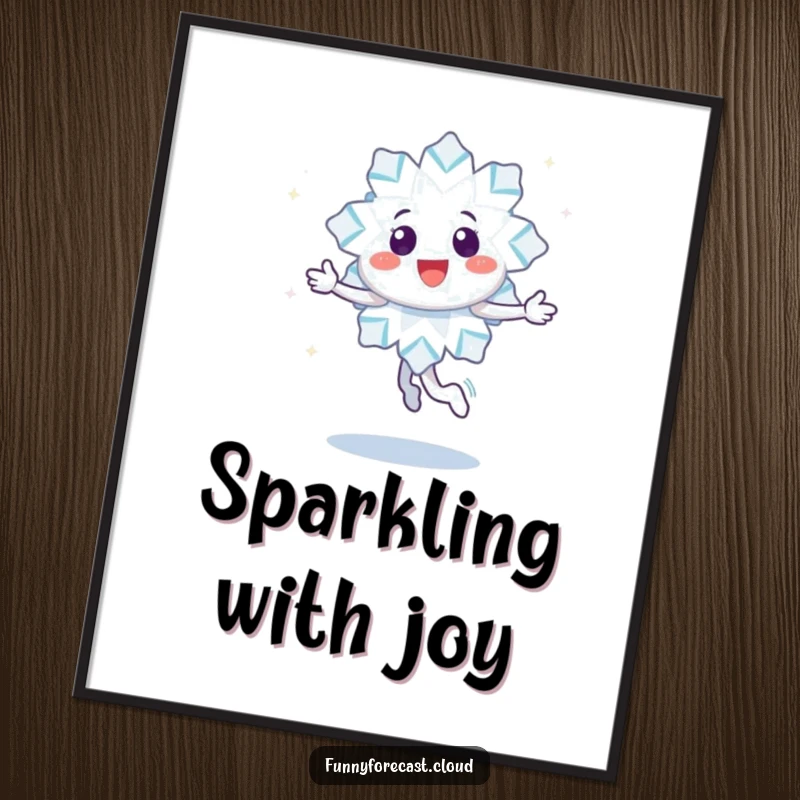 Funny poster art of a happy snowflake character joyfully twirling, leaving a trail of sparkles, ideal for room decor.