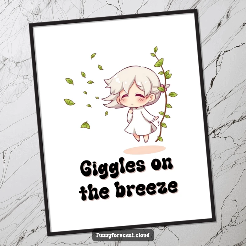 Funny poster art of a giggling wind character blowing leaves, adding playful, breezy decor.