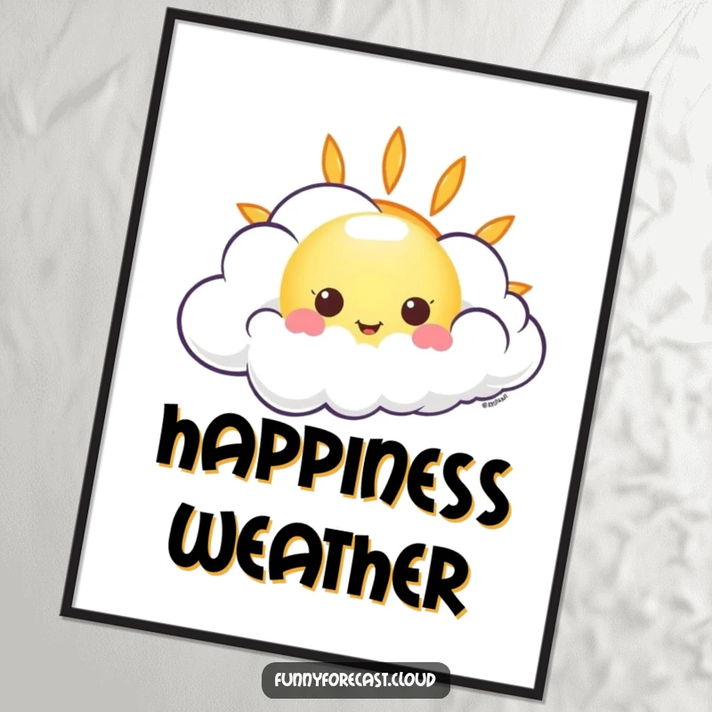 Funny kawaii sun peeking out from behind a giggling wind cloud, a cheerful and humorous wall art piece.