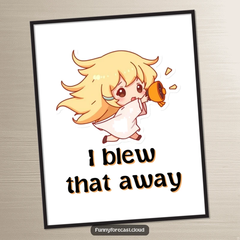 Funny Wind Gust Poster depicting a character being dramatically blown away by a wind character, creating a humorous and dynamic scene.