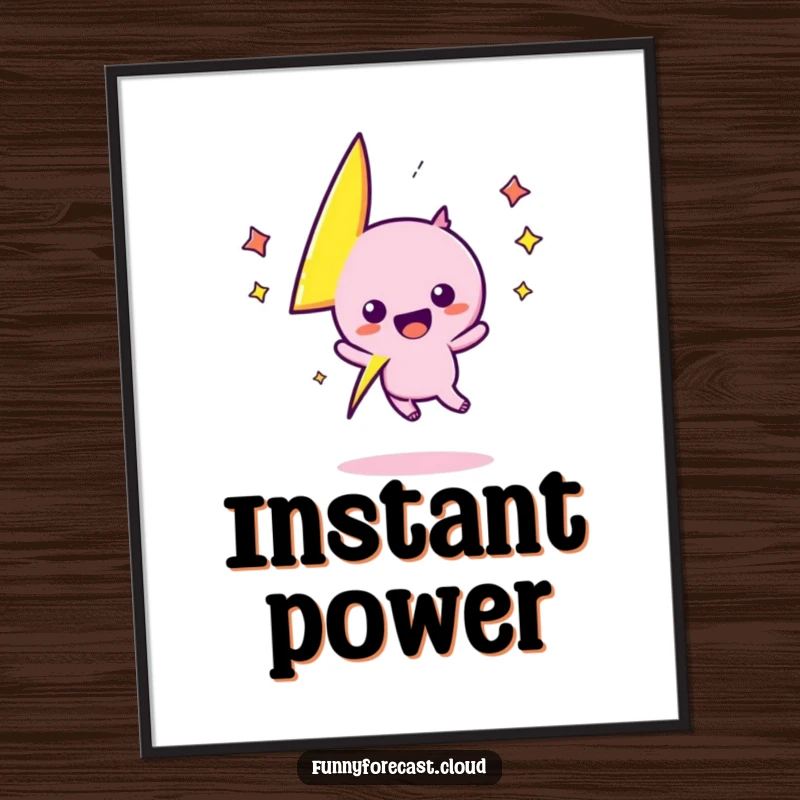 Funny kawaii lightning bolt character energetically zigs and zags with excitement on this vibrant poster, a delightful funny gift.