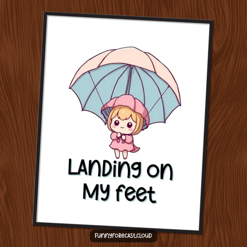 Funny Kawaii Parachute Poster displaying a cute character using an umbrella for a safe landing, adding playful decor.