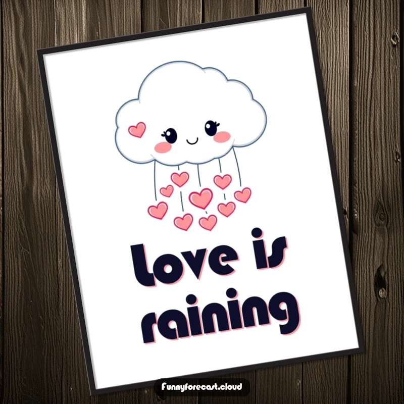 Funny poster art of a happy raincloud character pouring hearts, symbolizing love and affection.