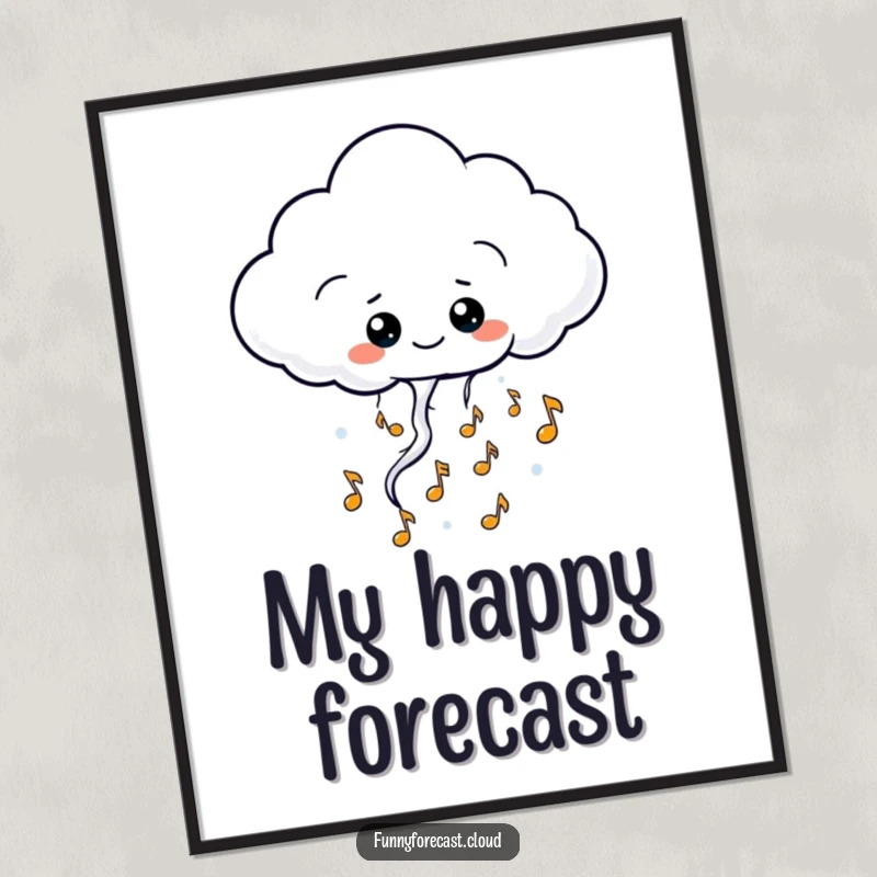 Funny kawaii thundercloud character poster, releasing happy musical notes, whimsical and melodic wall art.