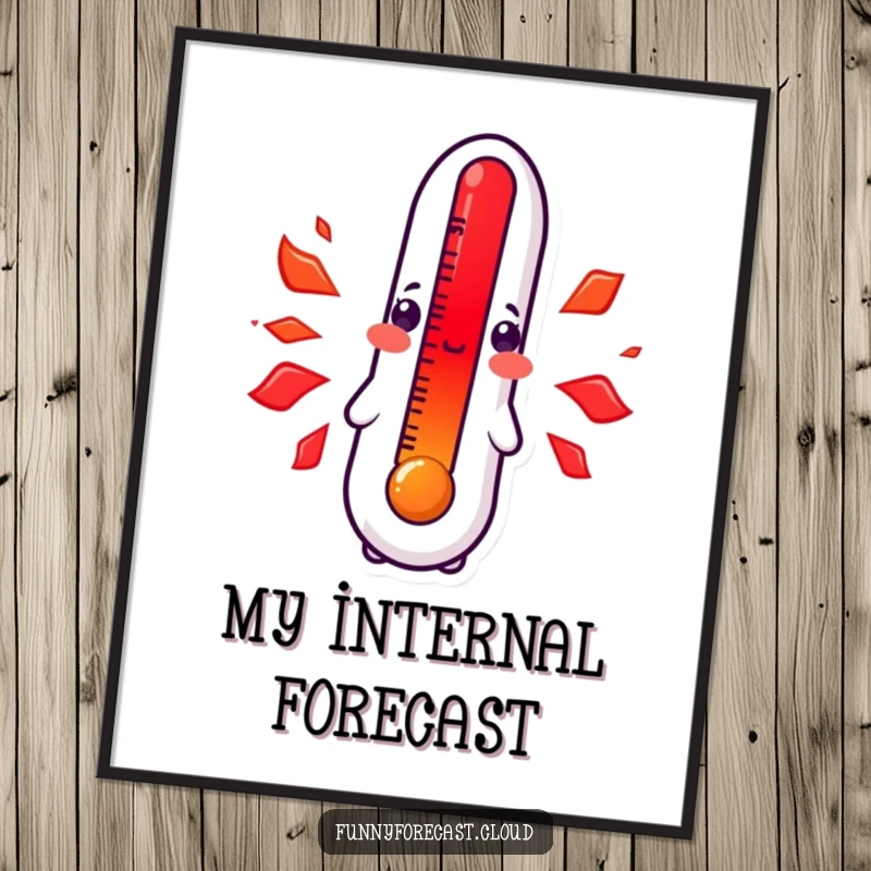 Funny kawaii thermometer poster, character blushing bright red with heat, displaying cute embarrassment, vibrant and humorous wall art.