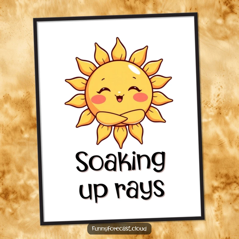 Funny poster art of a sun character giving a big warm hug with cheerful, radiant rays.