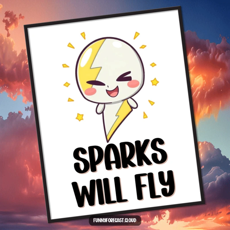 Funny Poster: A lightning bolt character winking mischievously with crackling energy, humorous wall art.