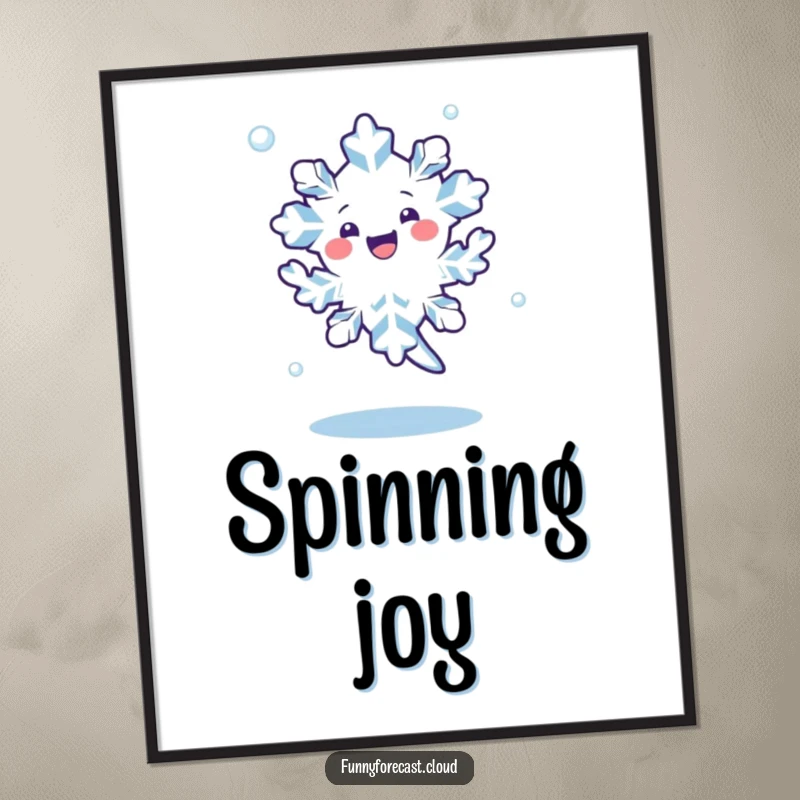 Funny kawaii snowflake character doing a joyful dance and spinning in the air, displayed as wall art.