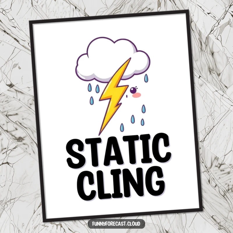 Funny kawaii lightning bolt striking near a smiling cartoon rain cloud, presented as vibrant wall art, a delightful gift.