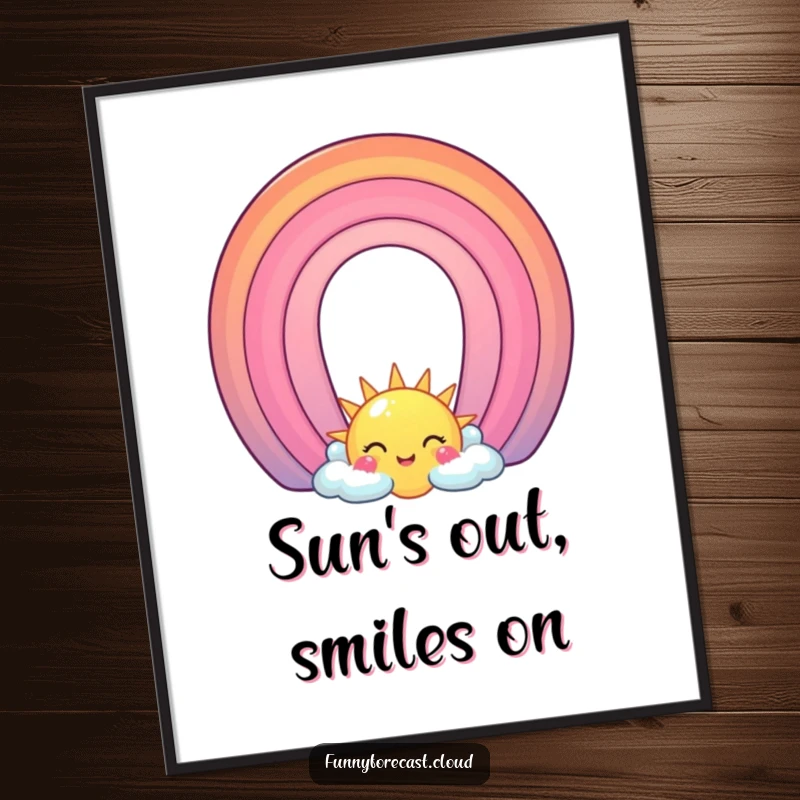 Funny Poster: A smiling sun and a playful rainbow character arching gracefully, creating a warm and uplifting visual.