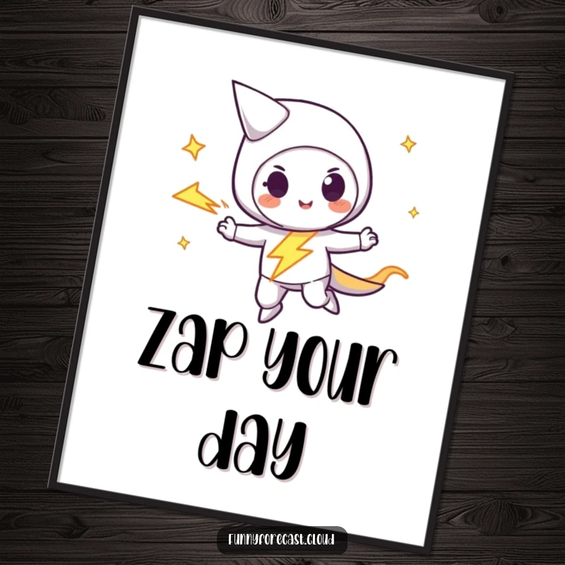 Funny lightning bolt character zipping with a playful streak across a colorful background, creating energetic wall art.
