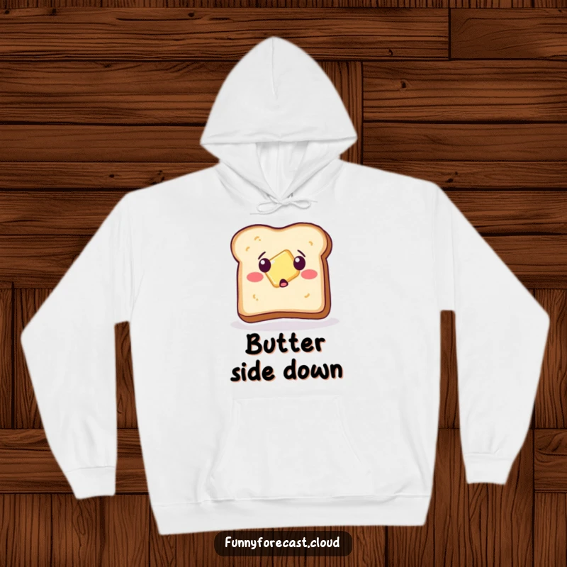 Funny Hoodie: A cartoon piece of toast with wide, surprised eyes as butter slides off, comfort food humor.