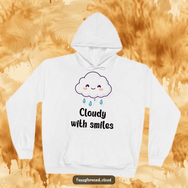 Funny small fluffy kawaii cloud shedding happy tears of rain on this cozy hoodie, a heartwarming funny gift.