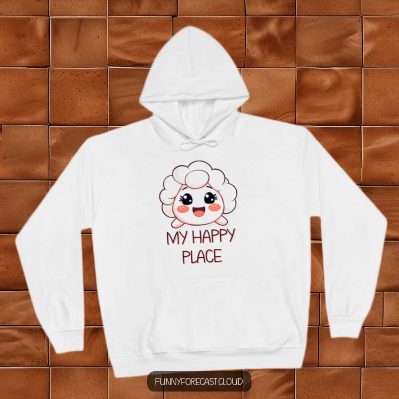 Cozy funny hoodie showcasing a fluffy cloud character with a very big smile and happy, surprised eyes. Positive vibes.