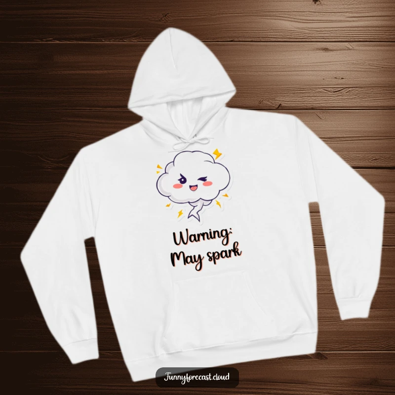 Funny hoodie featuring a cute thundercloud character with a mischievous wink, surrounded by zipping, playful lightning bolts.