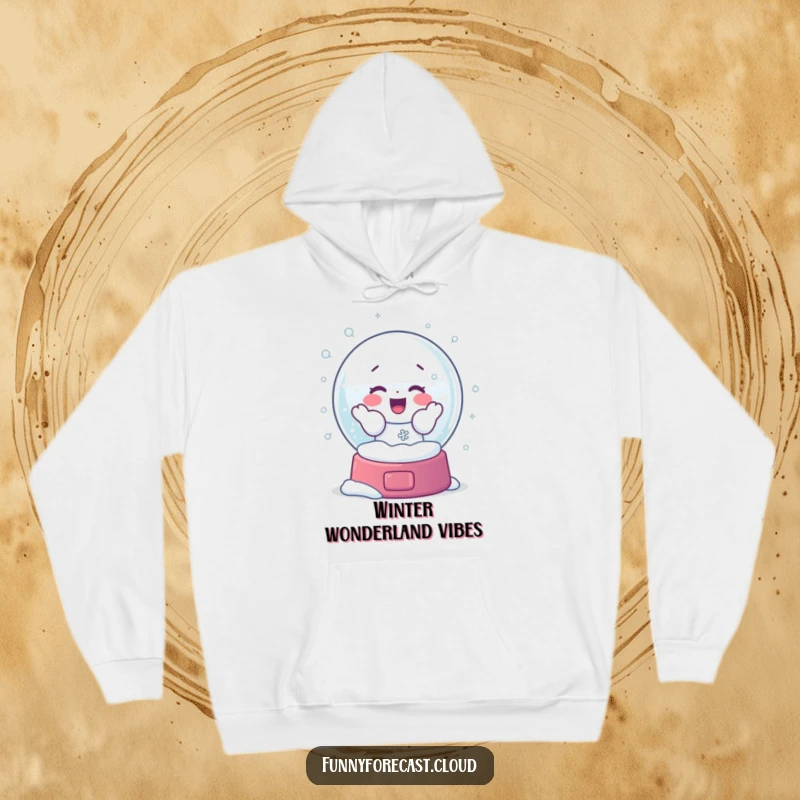 Funny hoodie with a snow globe character vigorously shaking itself, creating a magical blizzard of snowflakes with pure frosty glee.