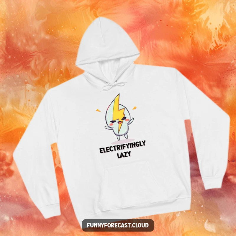 Funny hoodie with a lightning bolt character striking and winking, offering charged warmth.