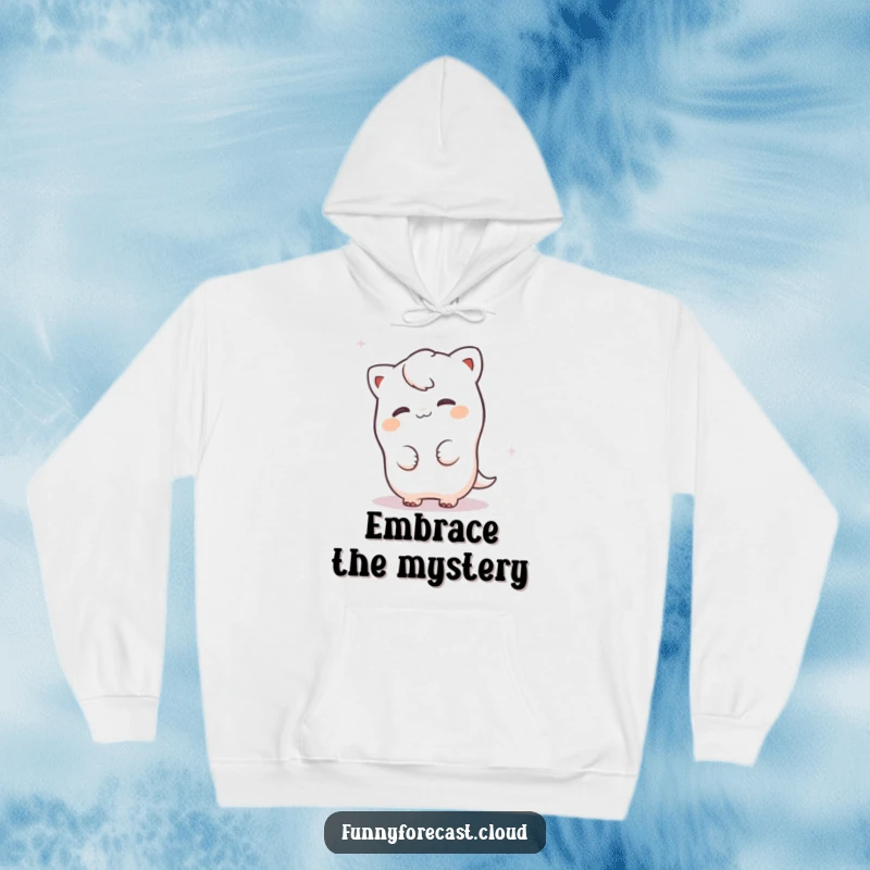Funny fog character playfully peeking from behind a misty swirl, creating a soft and humorous design on a cozy hoodie.