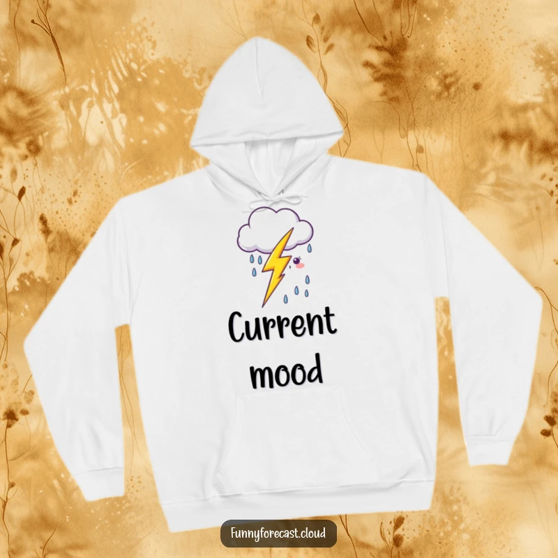 Funny kawaii lightning bolt zapping near a smiling cartoon rain cloud, featured on a warm and cozy hoodie.